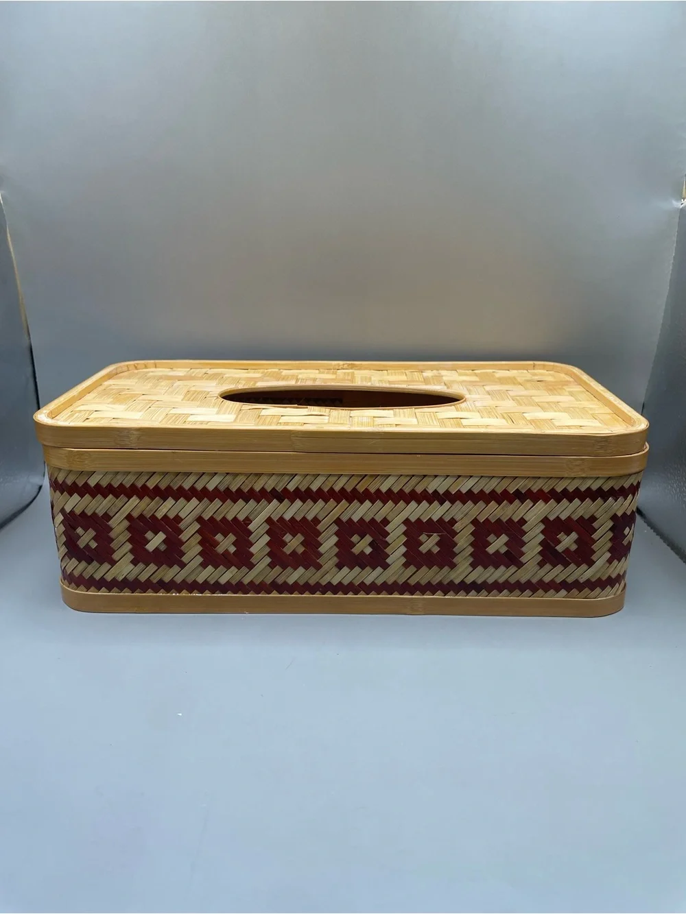 Vintage Bamboo Woven Red Geometric Design Tissue Box Cover With Lid 10.5x3.5”